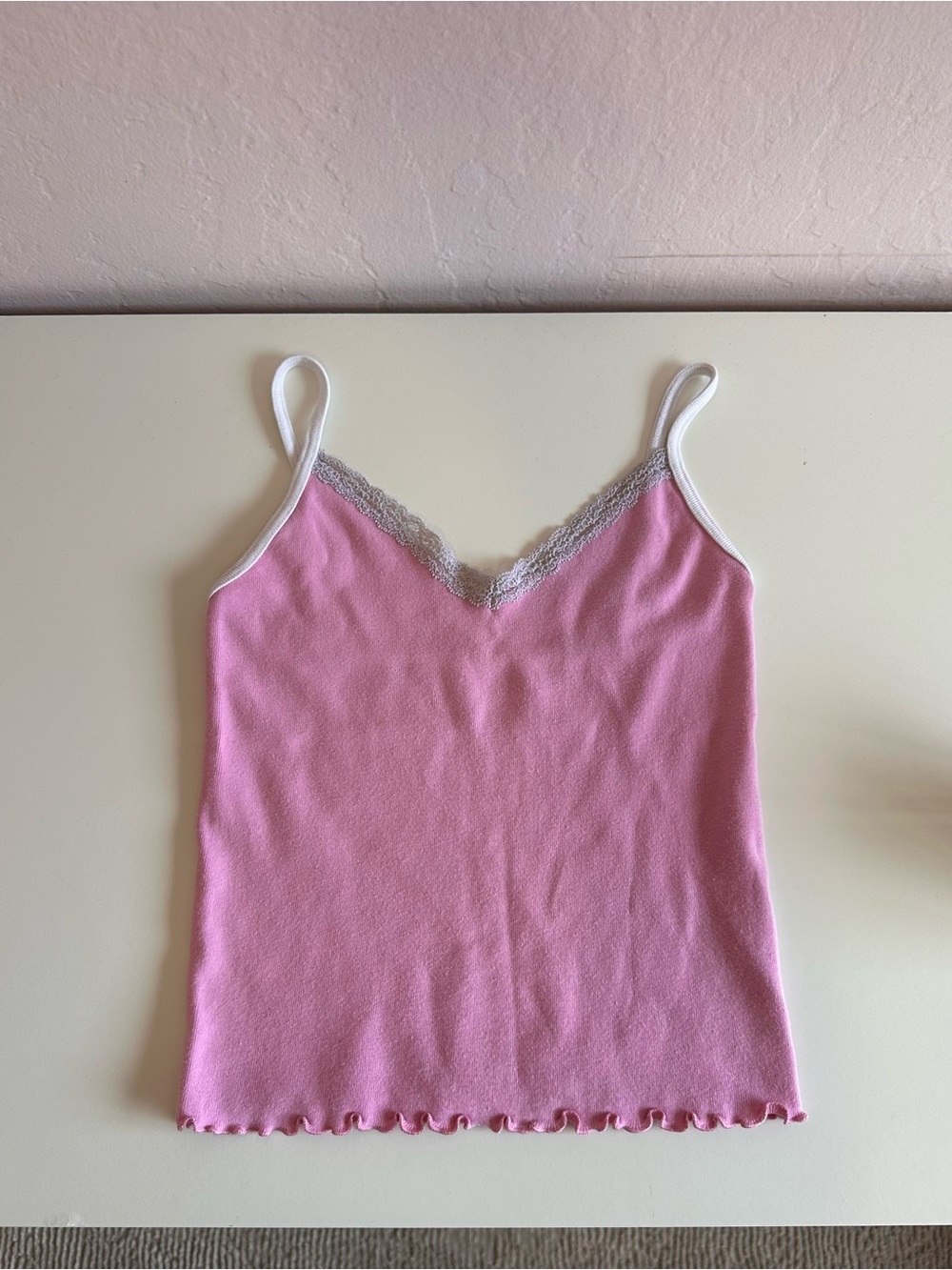 Brandy Melville Pink Lace-Trim Camisole with White Straps